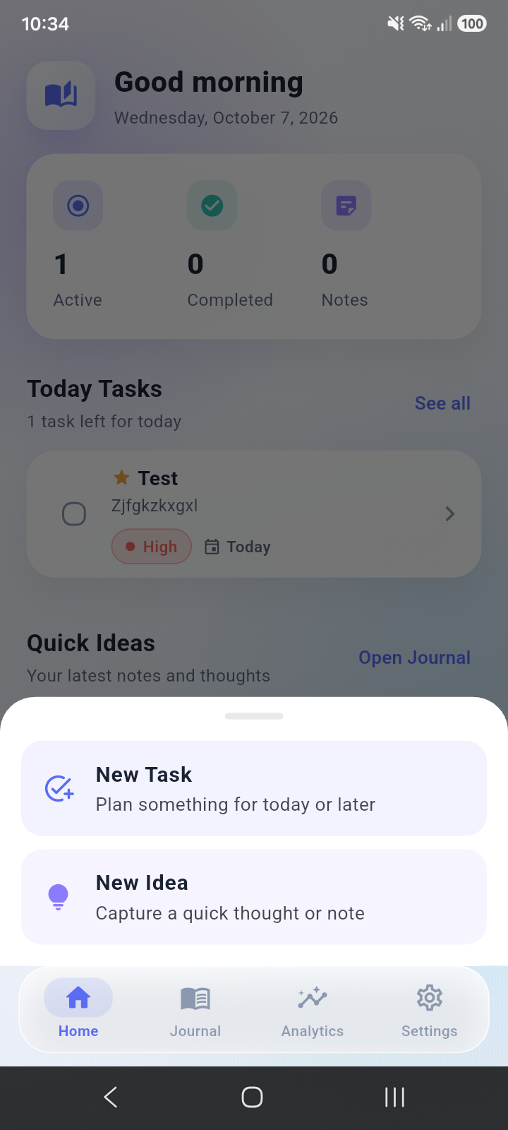 Pure White Journal quick action panel