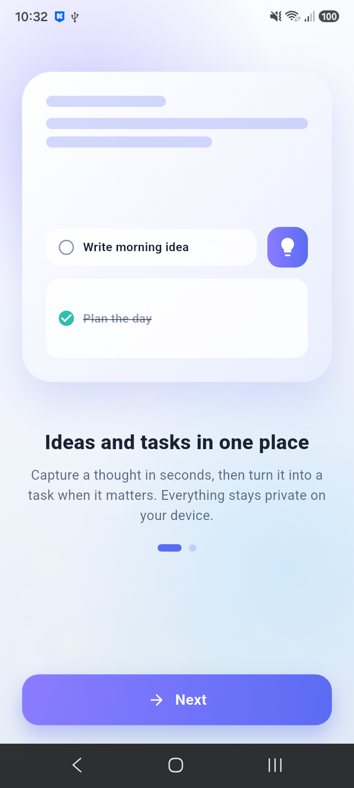 Pure White Journal onboarding screen about ideas and tasks